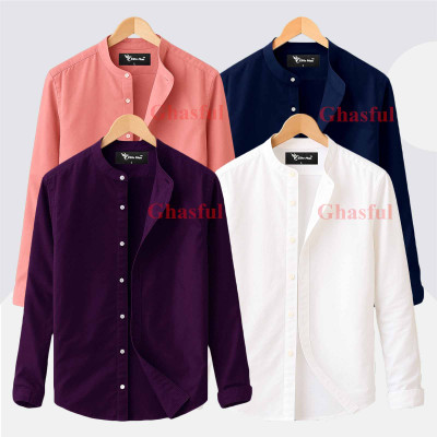 L- Sleeve Band Collar Shirt _ White_ Pink_ Purpale_ Navy
