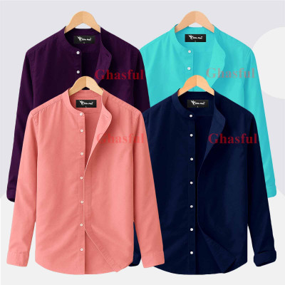 L-Sleeve Band Collar Shirt _ Pink_ Pest_ Purpale_ Navy