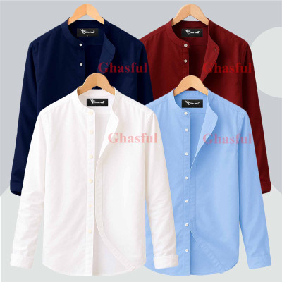 L-Sleeve Band Collar Shirt _ White_ Sky_ Nevy_ Merun