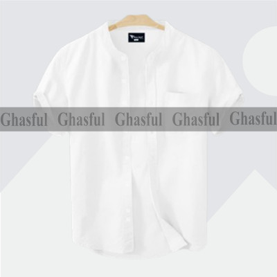 Short Sleeve Band Collar Shirt_ White