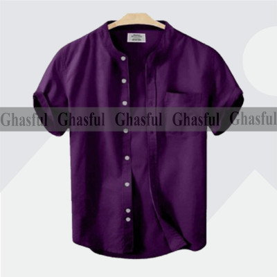 Short Sleeve Band Collar Shirt_ Purpale