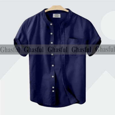 Short Sleeve Band Collar Shirt_ Navy