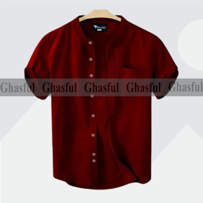 Short Sleeve Band Collar Shirt_ Merun