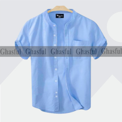 Short Sleeve Band Collar Shirt_ Sky Blue