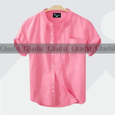 Short Sleeve Band Collar Shirt_ Pink