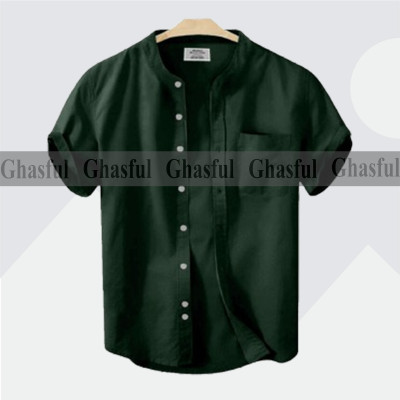 Short Sleeve Band Collar Shirt_ Green