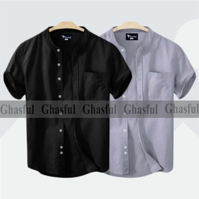 Short Sleeve Band Collar Shirt_ Ash_ Black
