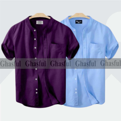 Short Sleeve Band Collar Shirt_ Purpale_ Sky Blue