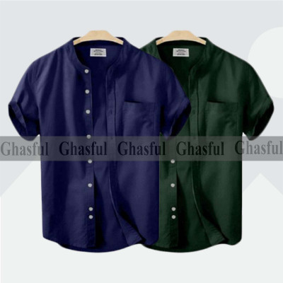 Short Sleeve Band Collar Shirt_ Navy Blue_ Green