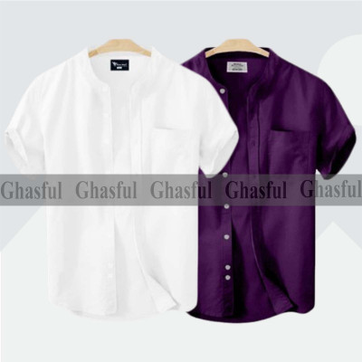 Short Sleeve Band Collar Shirt_ White _ Purpale