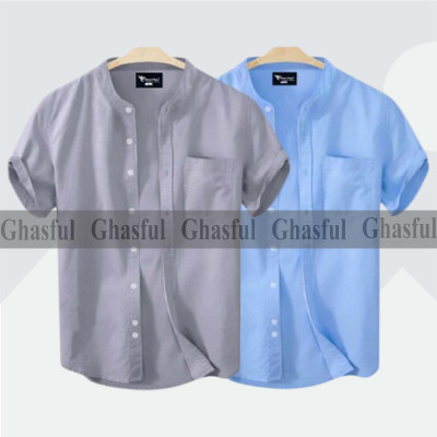 Short Sleeve Band Collar Shirt_ Ash_ Sky Blue