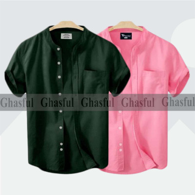 Short Sleeve Band Collar Shirt_ Green _ Pink