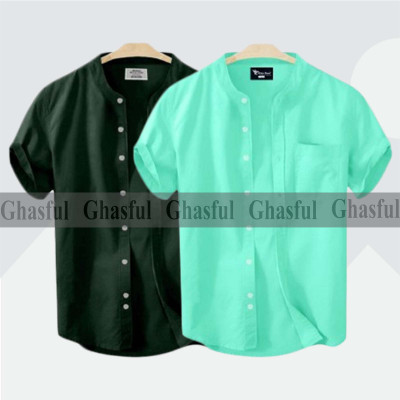 Short Sleeve Band Collar Shirt_ Green _ Pest