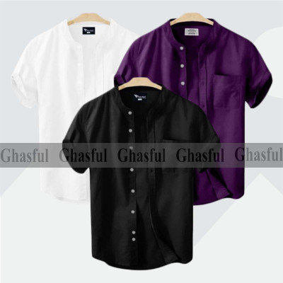 Short Sleeve Band Collar Shirt_ White_ Purpale _ Black
