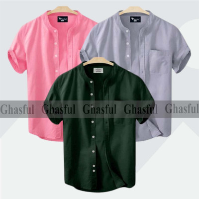 Short Sleeve Band Collar Shirt_ Ash_ Pink_ Green