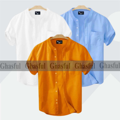 Short Sleeve Band Collar Shirt_ White_ Sky Blue_ Kathali