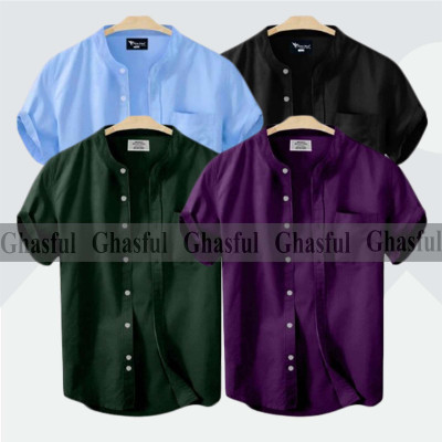 Short Sleeve Band Collar Shirt_ Green _ Black_ Sky Blue_ Purpale