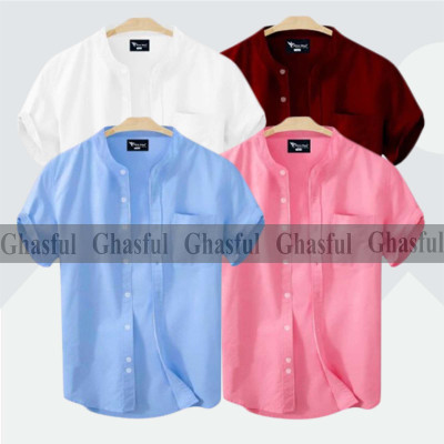 Short Sleeve Band Collar Shirt_ White _ Pink_ Sky Blue_ Merun