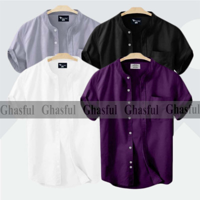 Short Sleeve Band Collar Shirt_ Black_ White_ Ash_ Purpale