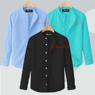 L- Sleeve Band Collar Shirt _ Sky_ Black_ Pest