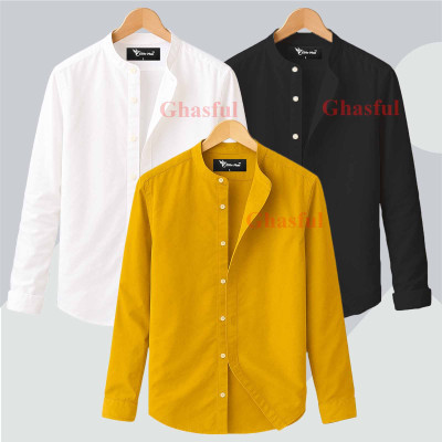 L-Sleeve Band Collar Shirt _ Black_ White_ Kathali