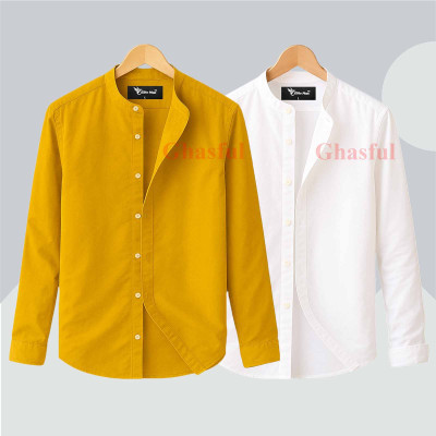 L- Sleeve Band Collar Shirt _ White_ Kathali