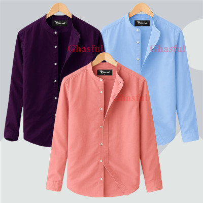 L- Sleeve Band Collar Shirt _ Purpale_ Sky_ Pink