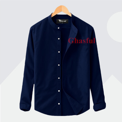 L- Sleeve Band Collar Shirt_ Navy