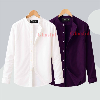 Long Sleeve Band Collar Shirt_ White_  Purpale