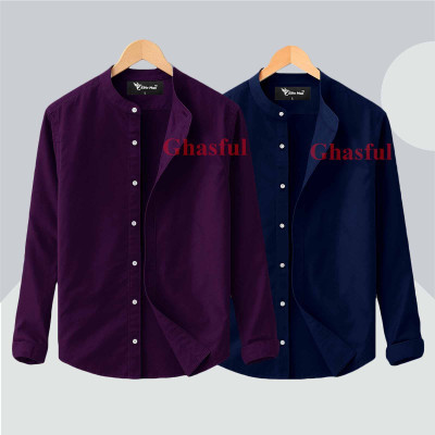 L- Sleeve Band Collar Shirt _ Purpale_ Navy