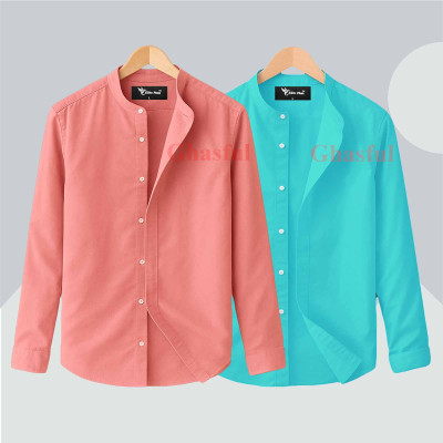 L- Sleeve Band Collar Shirt _ Pest_ Pink