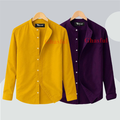 L- Sleeve Band Collar Shirt _  Kathali_ Purpale