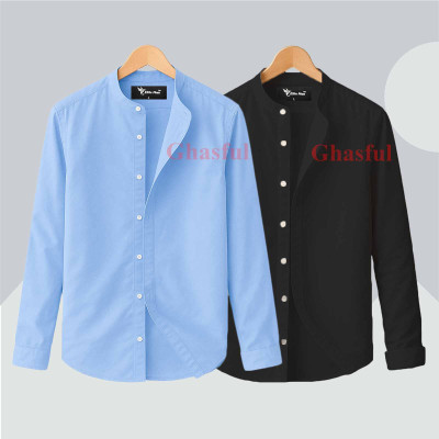 L- Sleeve Band Collar Shirt _ Sky_ Black