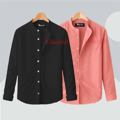 L- Sleeve Band Collar Shirt_ Black_ Pink_