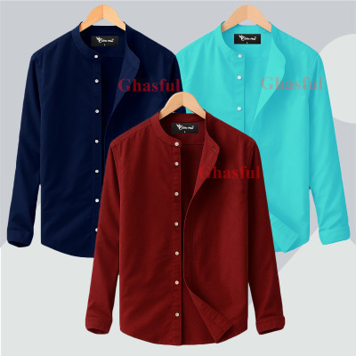 L-Sleeve Band Collar Shirt  _ Navy _Merun_ Pest