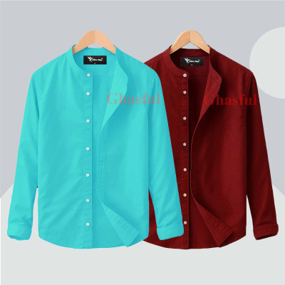 L- Sleeve Band Collar Shirt_  Merun_ Pest