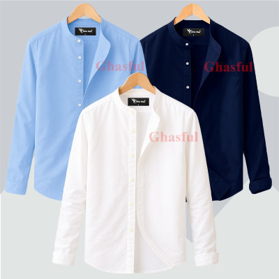 L- Sleeve Band Collar Shirt _ White _ Sky _ Navy