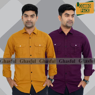 Long Sleeve Double Pocket Oxford Shirt_ Kathali & Purpale ,
