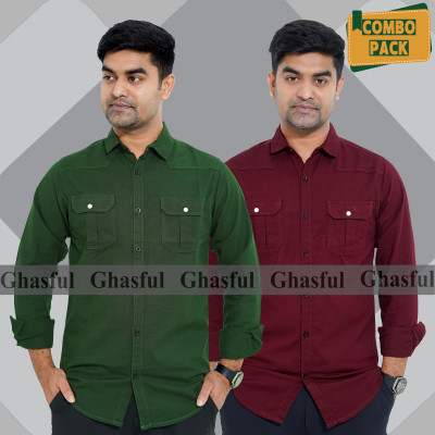 Long Sleeve Double Pocket Oxford Shirt_  Merun & Green ,