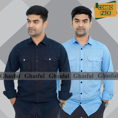 Long Sleeve Double Pocket Oxford Shirt_  Nevy Blue & Sky blue ,