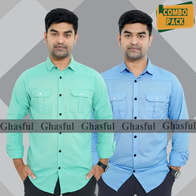 Long Sleeve Double Pocket Oxford Shirt_ Pest & Sky blue,