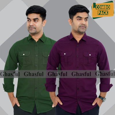 Long Sleeve Double Pocket Oxford Shirt_ Green & Purpale.