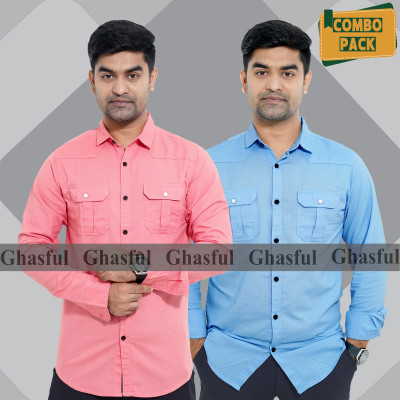 Long Sleeve Double Pocket Oxford Shirt_ Pink & Sky blue.