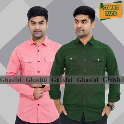 Long Sleeve Double Pocket Oxford Shirt_ Pink & Green.