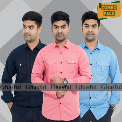 Long Sleeve Double Pocket Oxford Shirt_ Nevy Blue _ Pink & Sky blue.