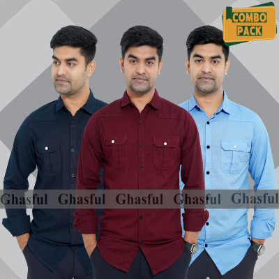 Long Sleeve Double Pocket Oxford Shirt_ Nevy Blue_ Merun & Sky Blue.