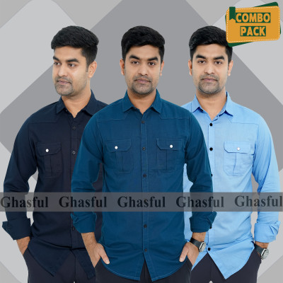 Long Sleeve Double Pocket Oxford Shirt_ Nevy Blue_ Teal & Sky Blue,