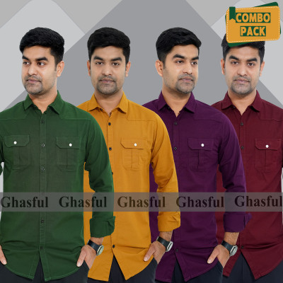 Long Sleeve Double Pocket Oxford Shirt_ Green_ Kathali _Purpale & Merun.