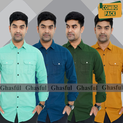 Long Sleeve Double Pocket Oxford Shirt_ Pest _Teal_ Green & Kathali.