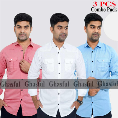 Long Sleeve Double Pocket Oxford Shirt_ Pink_ White & Sky Blue.